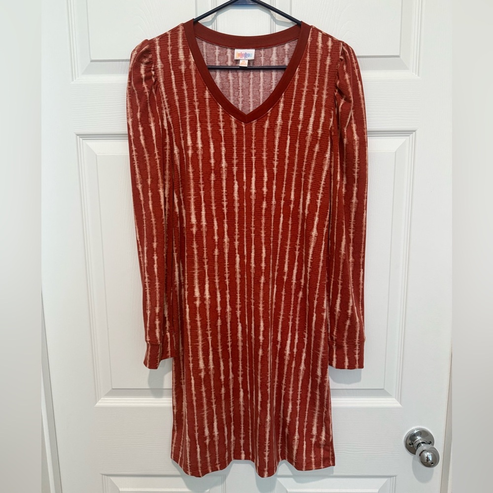 Striped V-Neck Ava LuLaRoe Dress in Rust and Cream